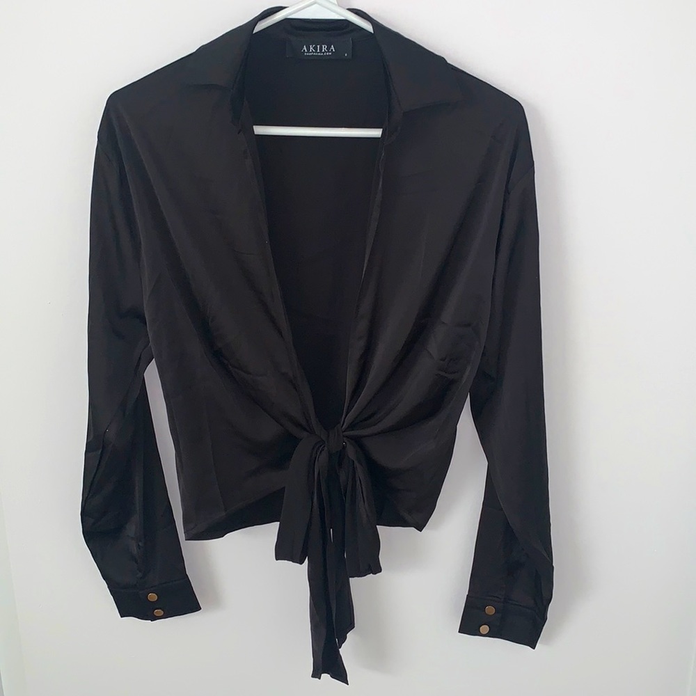 NWOT Akira Satin Black Front Tie Shirt - Size S